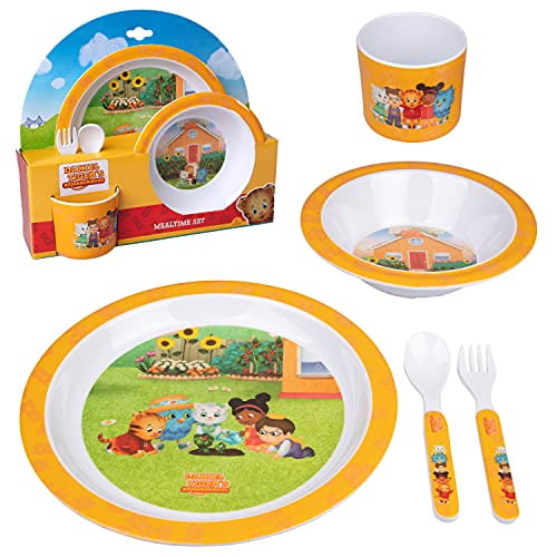 Daniel Tiger 5 Pc Mealtime Feeding Set for Kids and Toddlers - Includes Plate, Bowl, Cup, Fork and Spoon Utensil Flatware - Durable, Dishwasher Safe, BPA Free (Yellow)