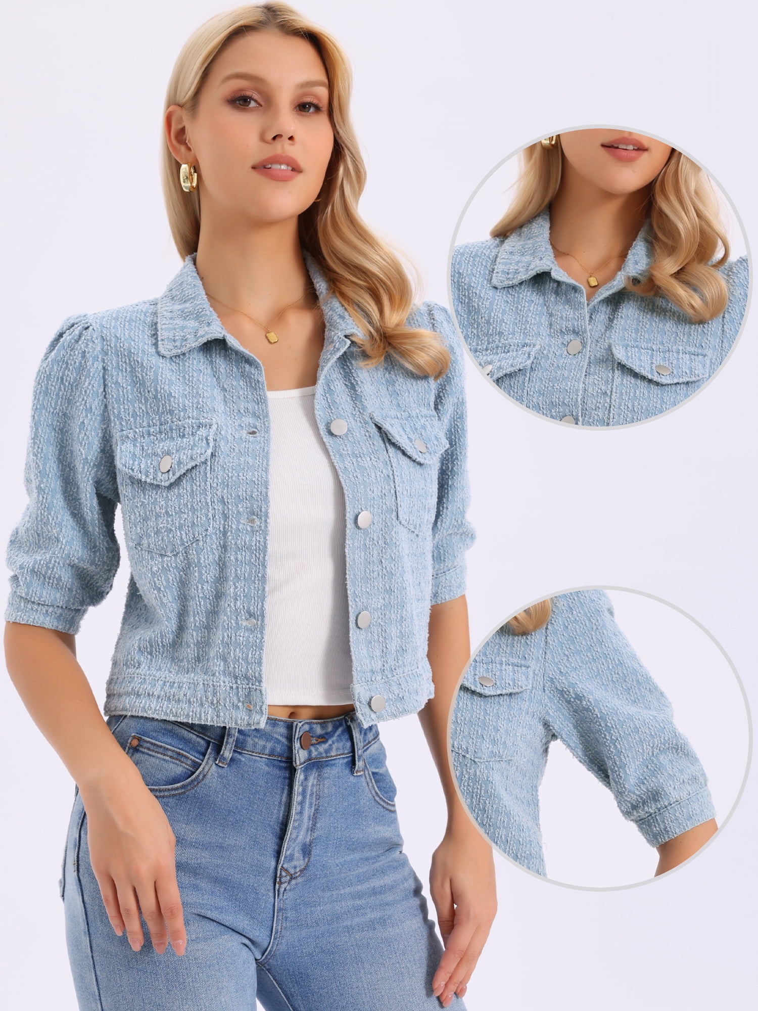 DARING DIVA Women's Short Sleeve Button Down Textured Cropped Jean Jacket XL Light Blue