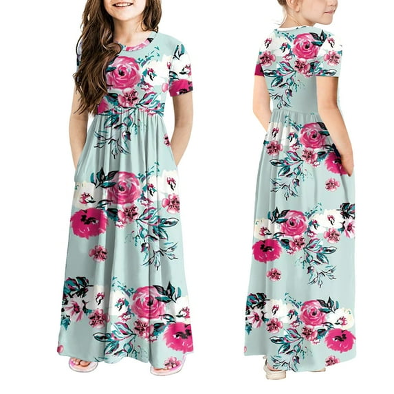 ONLYSHE Girls Casual Maxi Floral Dress Long Sleeve Holiday Pockets Dresses for 5-13 Years