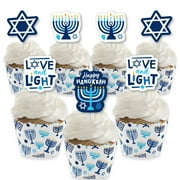 Big Dot of Happiness Hanukkah Menorah - Cupcake Decoration - Chanukah Holiday Party Cupcake Wrappers and Treat Picks Kit - Set of 24