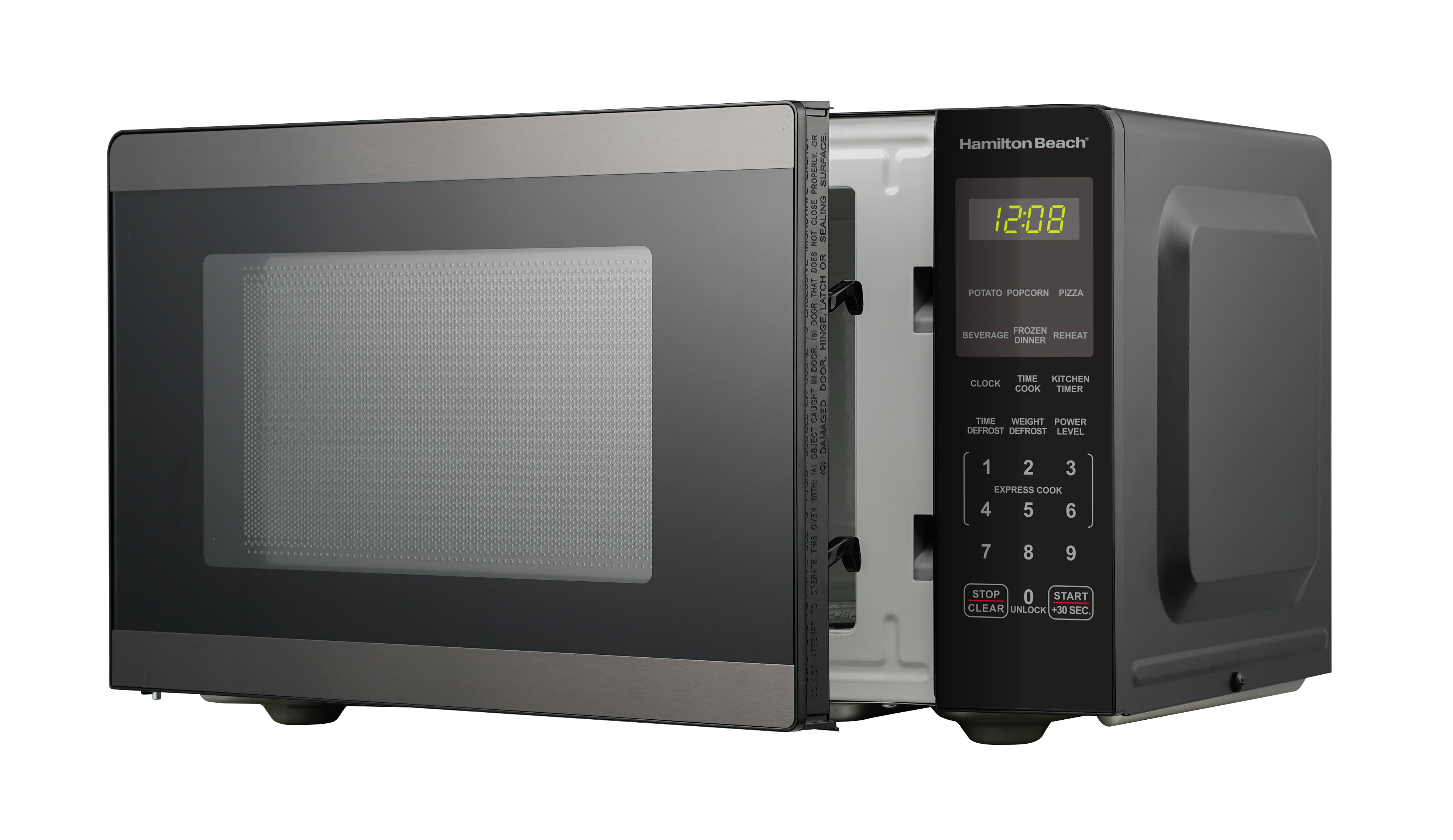 Hamilton Beach 0.9 Cu ft Countertop Microwave Oven, 900 Watts, Black Stainless Steel, New
