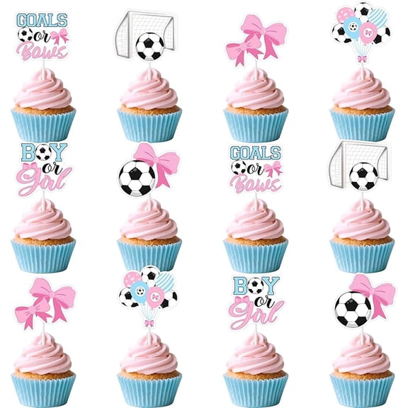 Goals or Bows Gender Reveal Decor 36Pcs Boy or Girl Cupcake Toppers Soccer Theme Baby Shower Decor It’s A Boy It’s A Girl Supplies for Pink Blue He Or She Bow Theme Newborn Party
