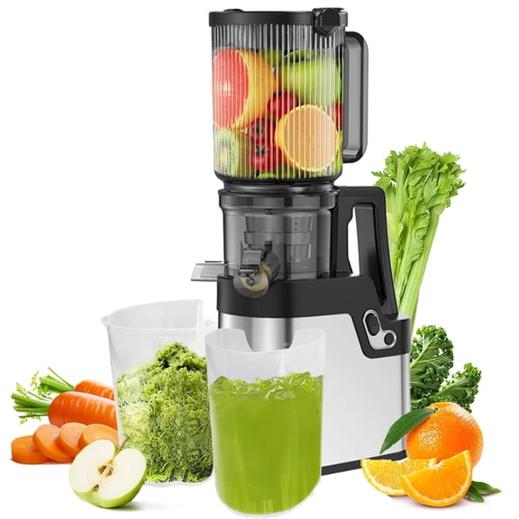 Cold Press Juicer Machine, 250W Slow Masticating Juicer with 4.2" Wide Feed Chute, for Whole Fruits and Vegetables, High Juice Yield, Quiet Motor, Easy to Clean, Silver