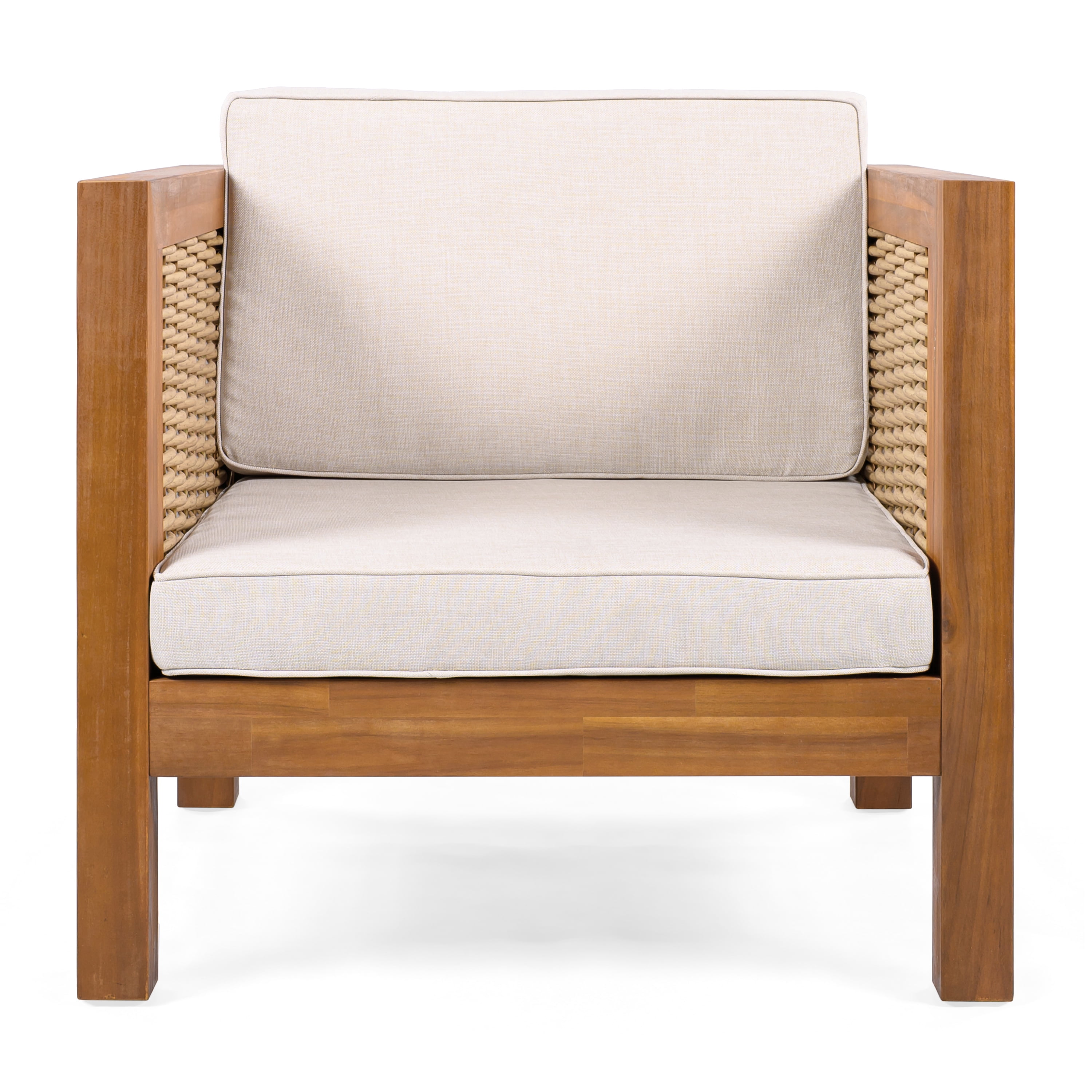 Acacia Wood Outdoor Club Chair with Wicker Armrest and Beige Cushions for Patio Garden Deck, Teak