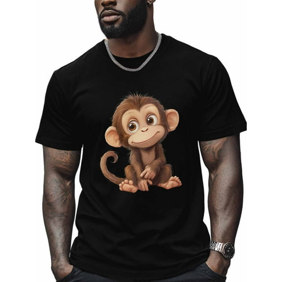 Cute Monkey Men's T Shirts Funny Animal T-Shirt for Men Crew Neck Tees Cotton Tops, Black, S