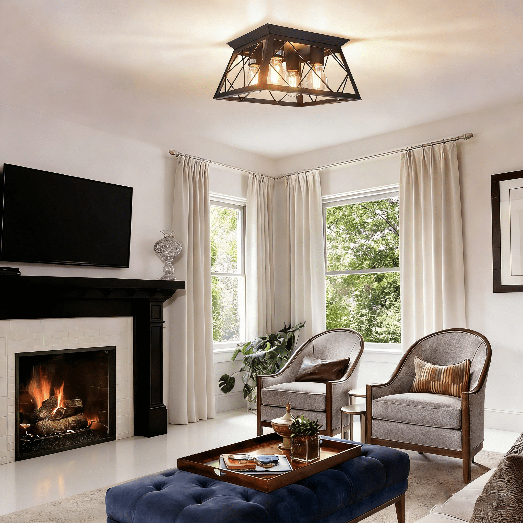 Farmhouse Ceiling Light Semi Flush Mount Vintage 4-Light Square Rustic Island Light Fixtures for Entryway Hallway Dining Room Living Room Bedroom