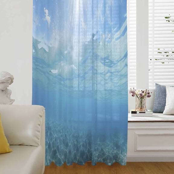 Blue Teal Summer Beach Semi Sheer Curtains Drapes for Living Room, Bedroom, French Doors Window 72 Inches Long, Coastal Nautical Seawater Ocean Rod Pocket Chiffon Curtain Drapery Voile Drape Panel