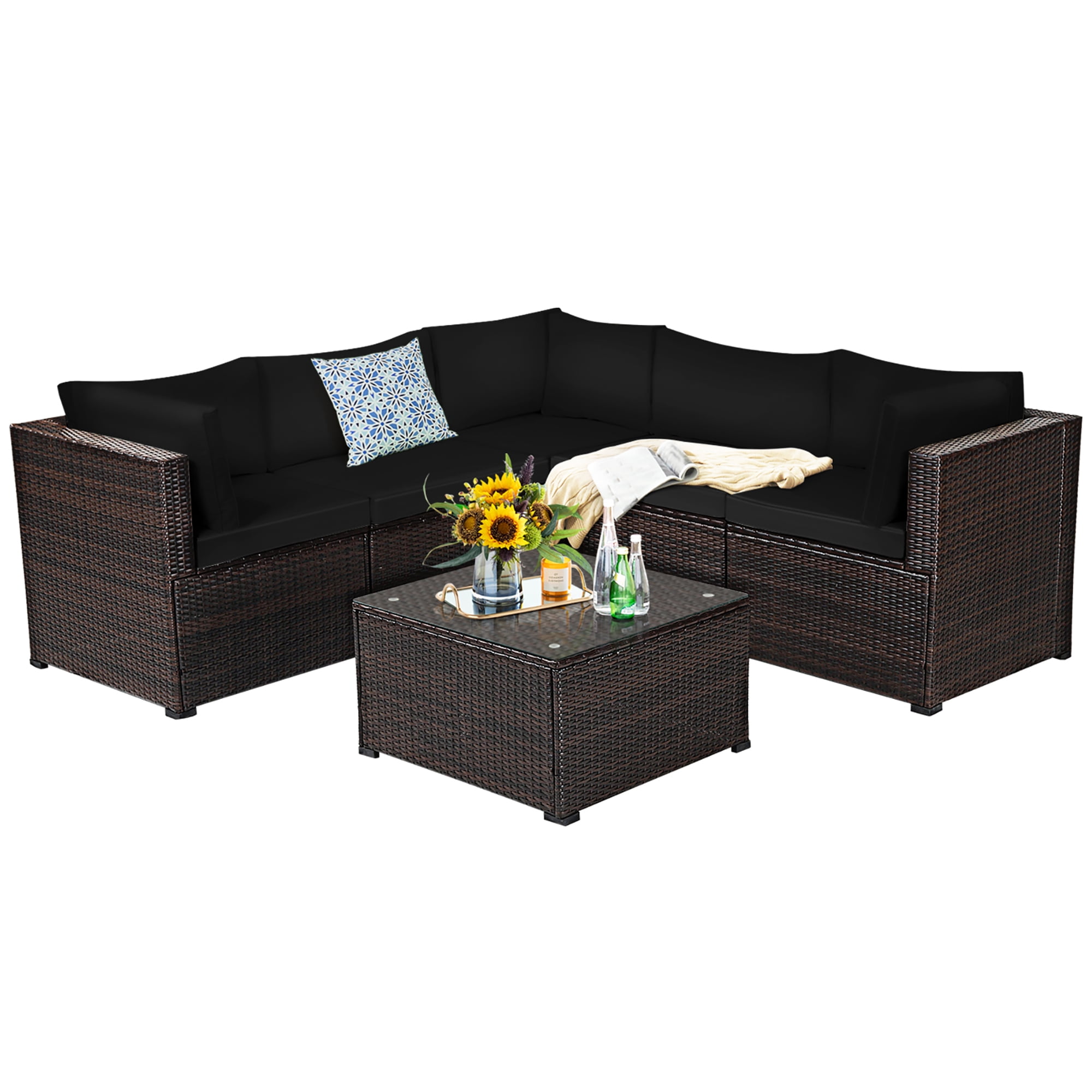Costway  6PCS Patio Rattan Furniture Set Sectional Cushioned Sofa Deck Black