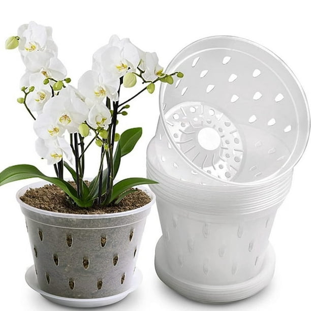 Xiao Hua Maceta para orquídeas, perforada, transparente, con base para orquídeas mariposa, apta para plantar en interiores y exteriores, 2 juegos (sin plantas)