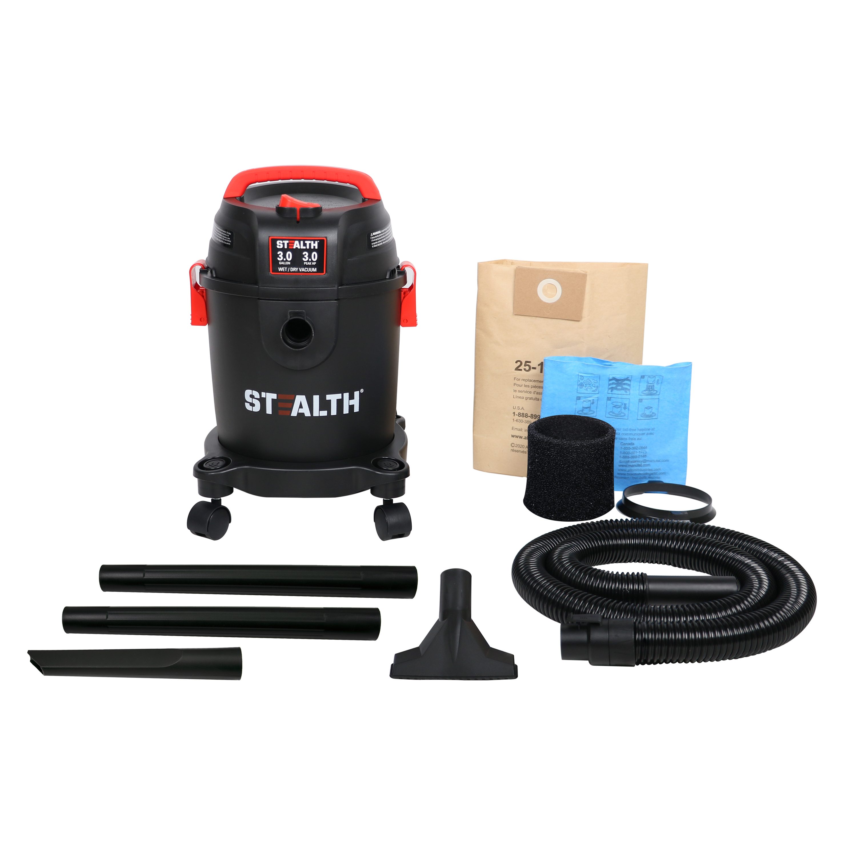 STEALTH 3 Gallon 3 Peak Horsepower Wet Dry Vacuum (AT18202P-3B) with Swiveling Casters - image 2 of 5