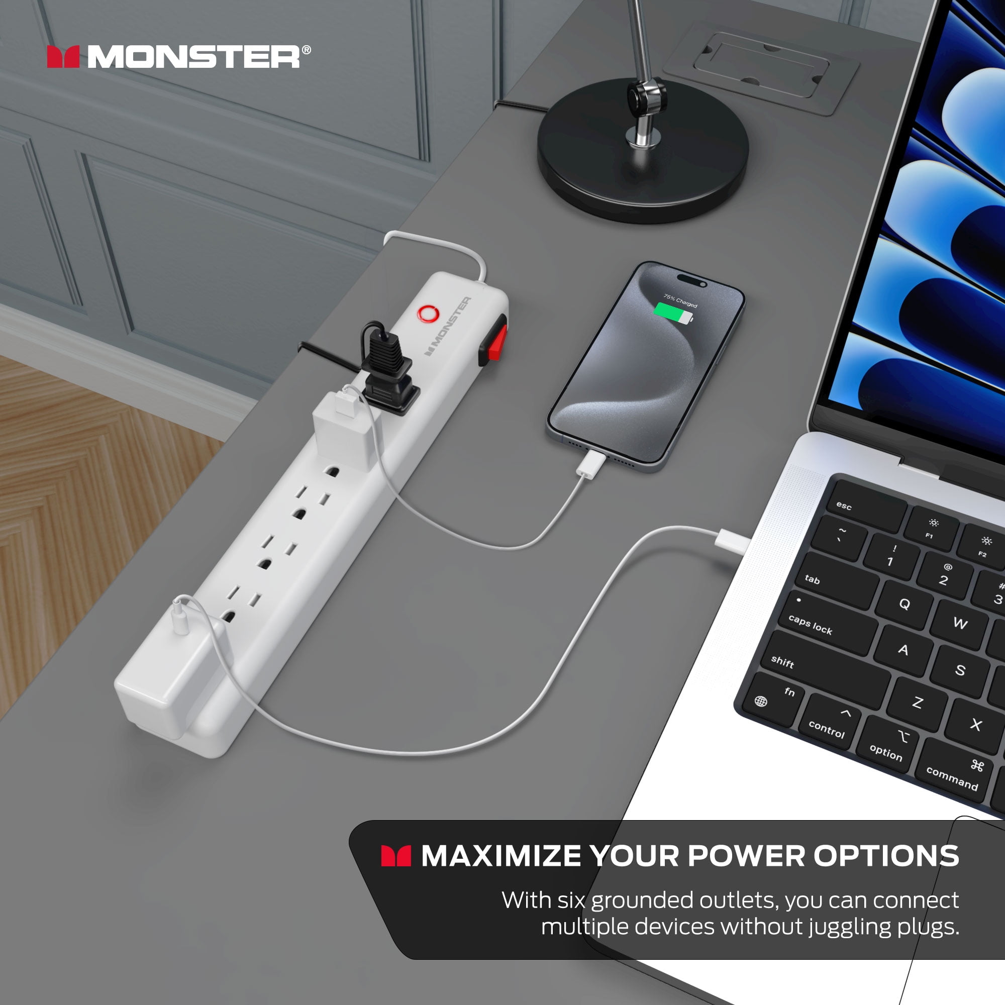 Monster Surge Protector Power Strip, 6 Grounded Outlets, 15ft Extra Long Cord, 1200J