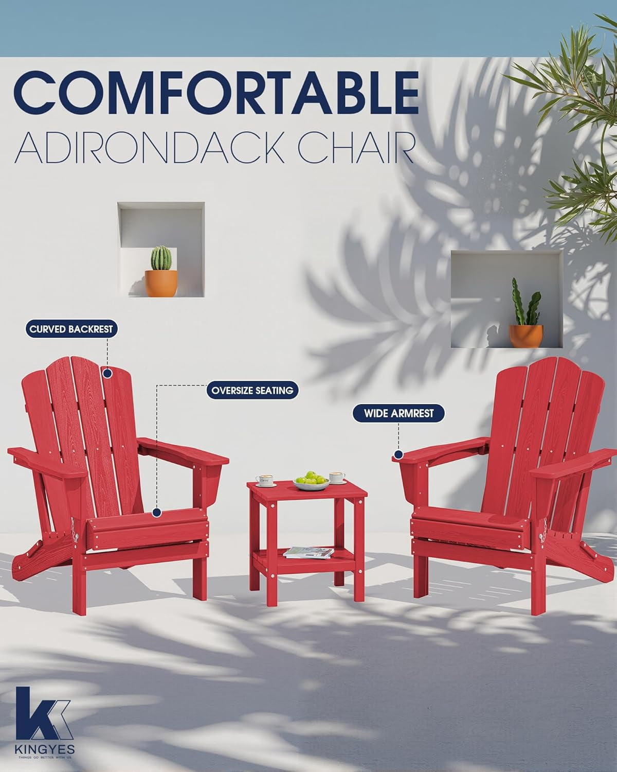 SONGMY Folding Adirondack Chair, HDPE All-Weather Patio Chairs, Wooden Textured Lawn Chair for Poolside, Backyard, Deck, Fire Pit, Light Red