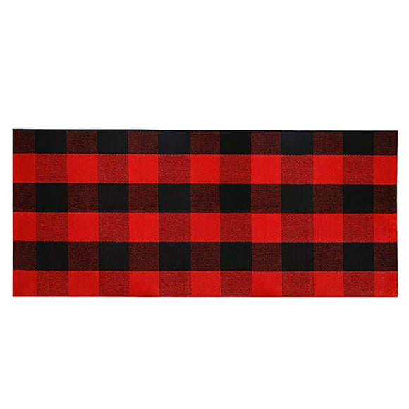 Xingzhi Hand-Woven Cotton Plaid Area Rug Anti Slip Doormat Floor Mat Layered Carpet for Laundry Kitchen Red Black 30x60cm