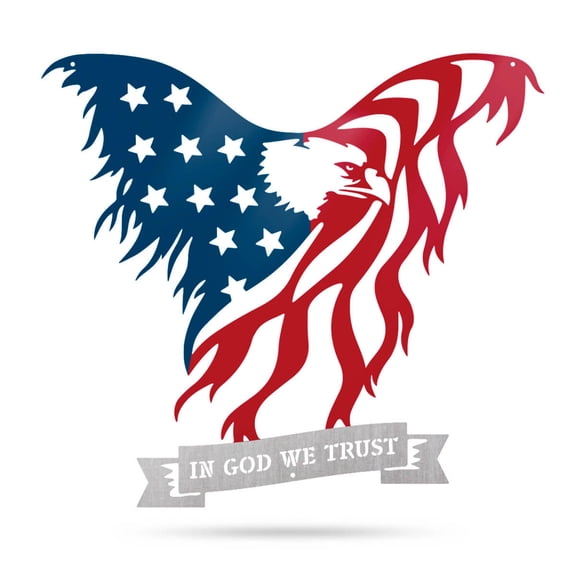 RealSteel Metal American Flag Eagle Wall Art - In God We Trust (Blue Red Silver, 16" x 18")