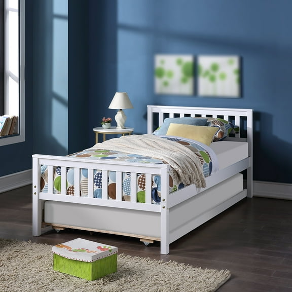 Twin Platform Bed with Trundle, Solid Wood Bed Frames with Headboard and Footboard, Wood Slats Support, Twin Trundle Bed Frame for Teens Boys Girls, No Box Spring Needed