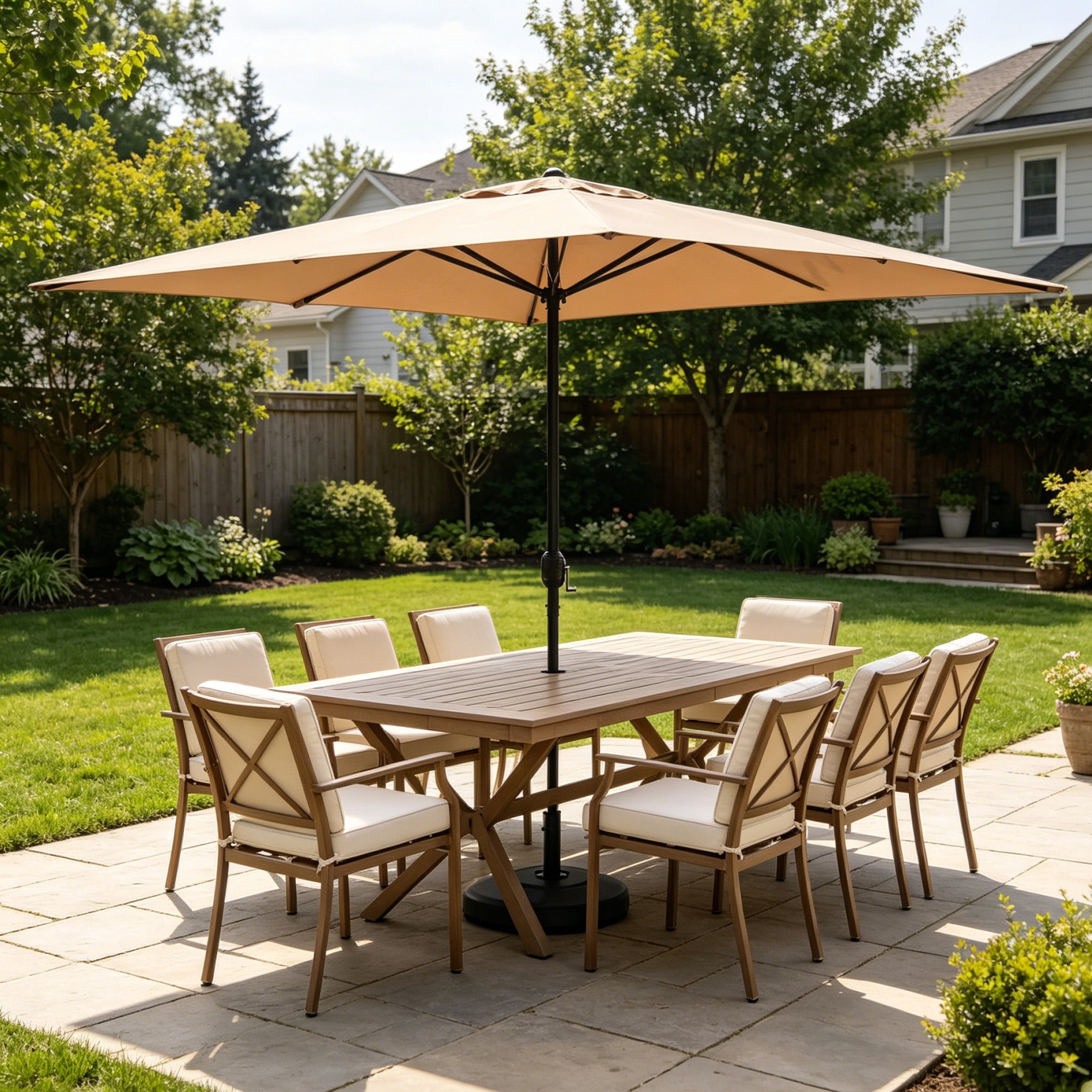 Kool 10x6.5ft Rectangular Patio Umbrella with Crank Handle, Outdoor Market Umbrella with 6 Sturdy Umbrella Ribs, Waterproof, Tan