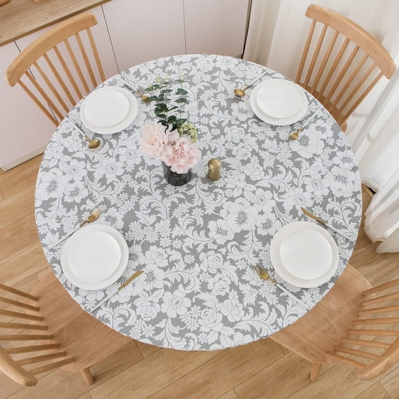 Round Fitted Vinyl Tablecloth with Elastic Edge 100% Waterproof Oil Proof PVC Table Cloth Wipe Clean Table Cover for Indoor and Outdoor, Grey Flower, 36"- 44"