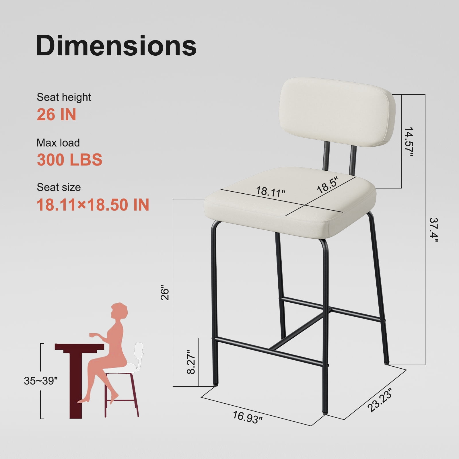 Genpo Counter Height Bar Stools Set of 4, 26" White Fabric Kitchen Counter Stools with Backs, Metal Legs, Footrest and Wide Seat, Bar Chairs for Kitchen Island