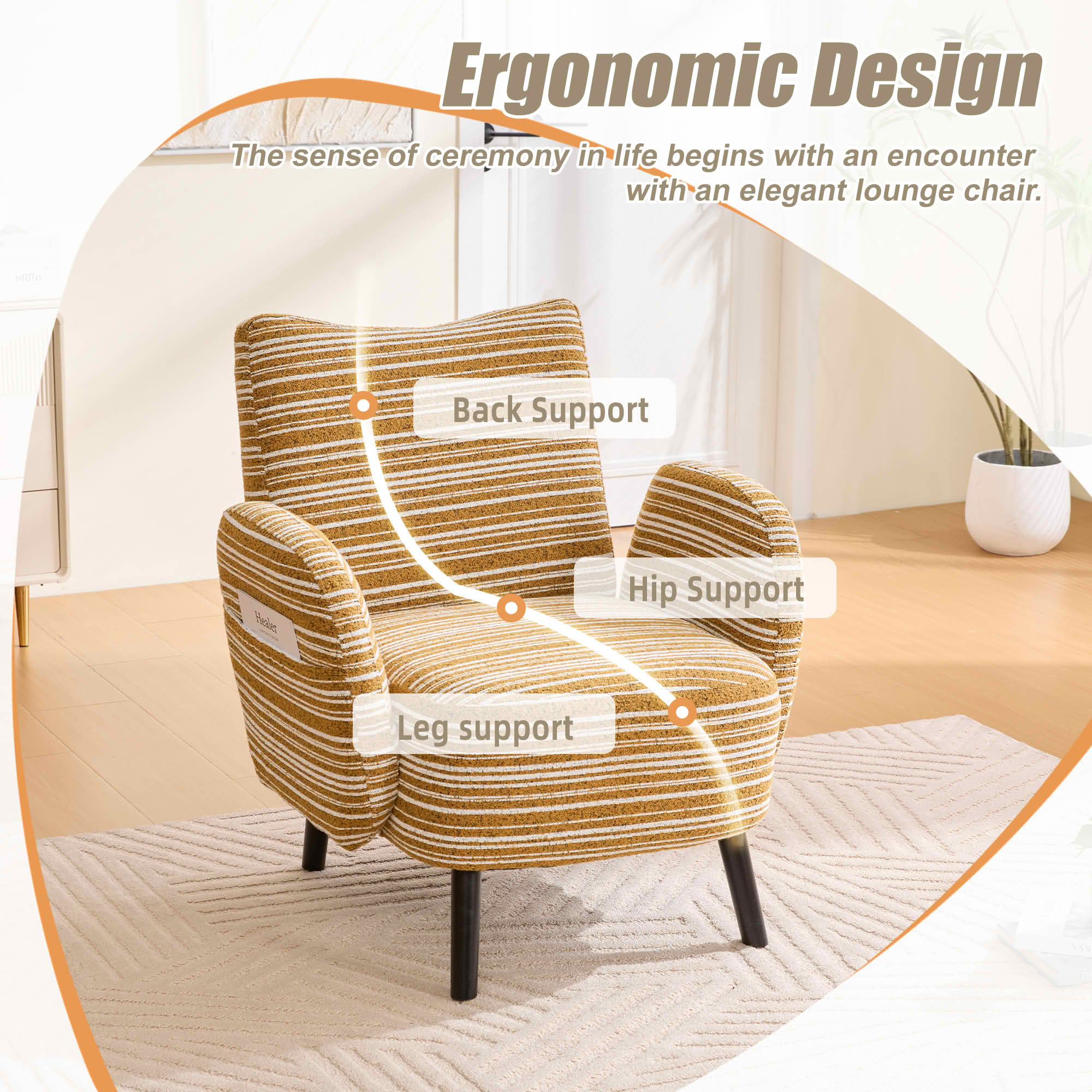 MAYEERTY Modern Boucle Armchair with Side Pocket & Wood Legs, Mustard yellow, for Living Room Bedroom Office