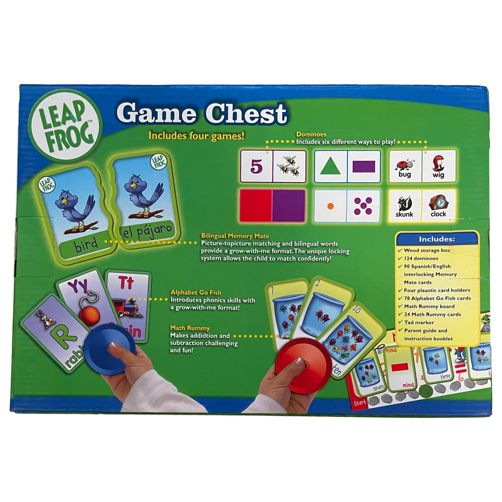 Leap Frog Game Chest with 4 Games Dominoes Math Rummy Alphabet Go Fish Wood Box - image 2 of 2