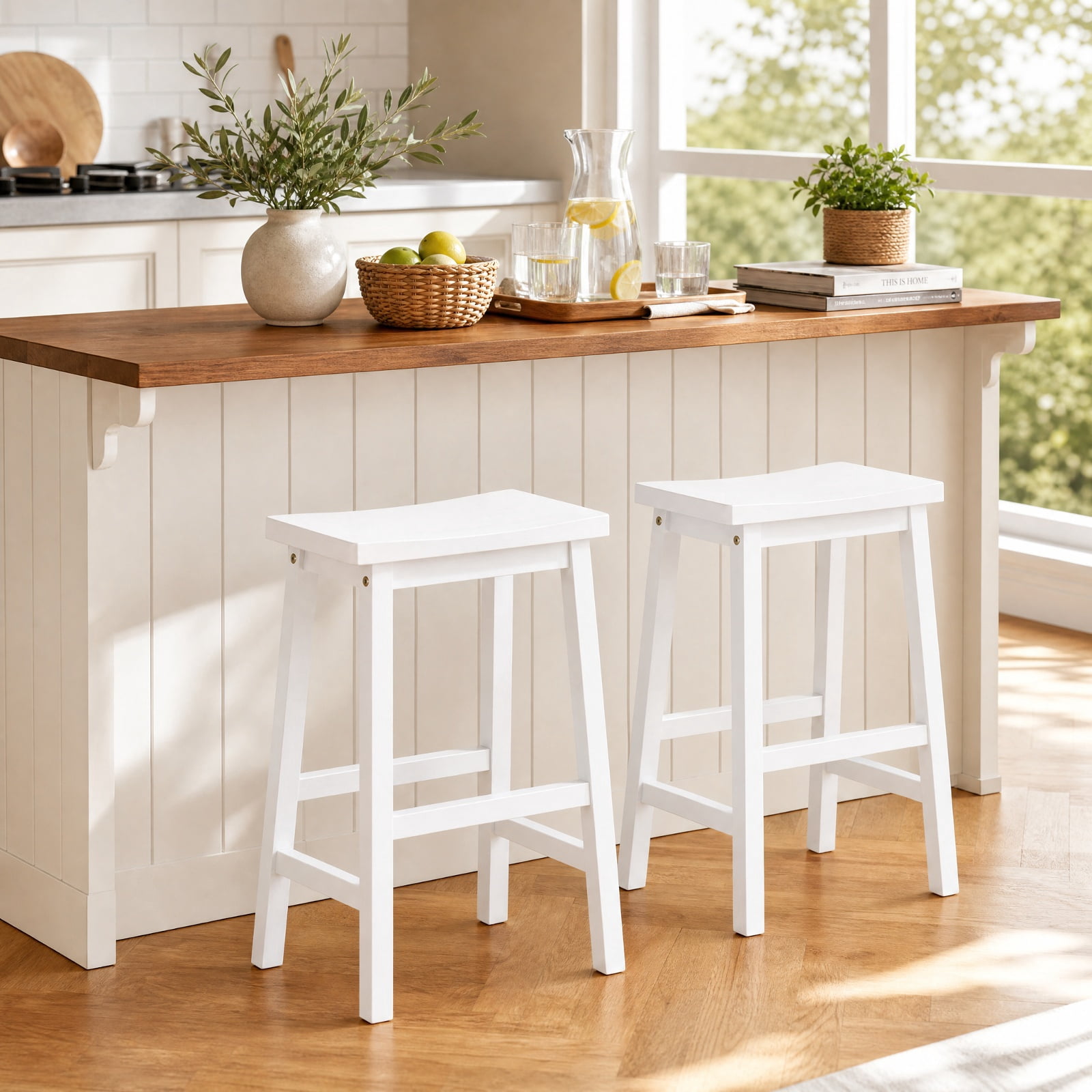 Furnibear Set of 2 Saddle Seat Counter Height Stools with Curved Seat and Footrests