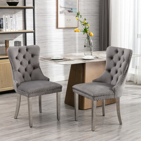 High-End Tufted Velvet Dining Chair Set of 2 - Solid Wood, Chrome Stainless Steel Legs, Nailhead Trim for Modern Dining Room,Gray