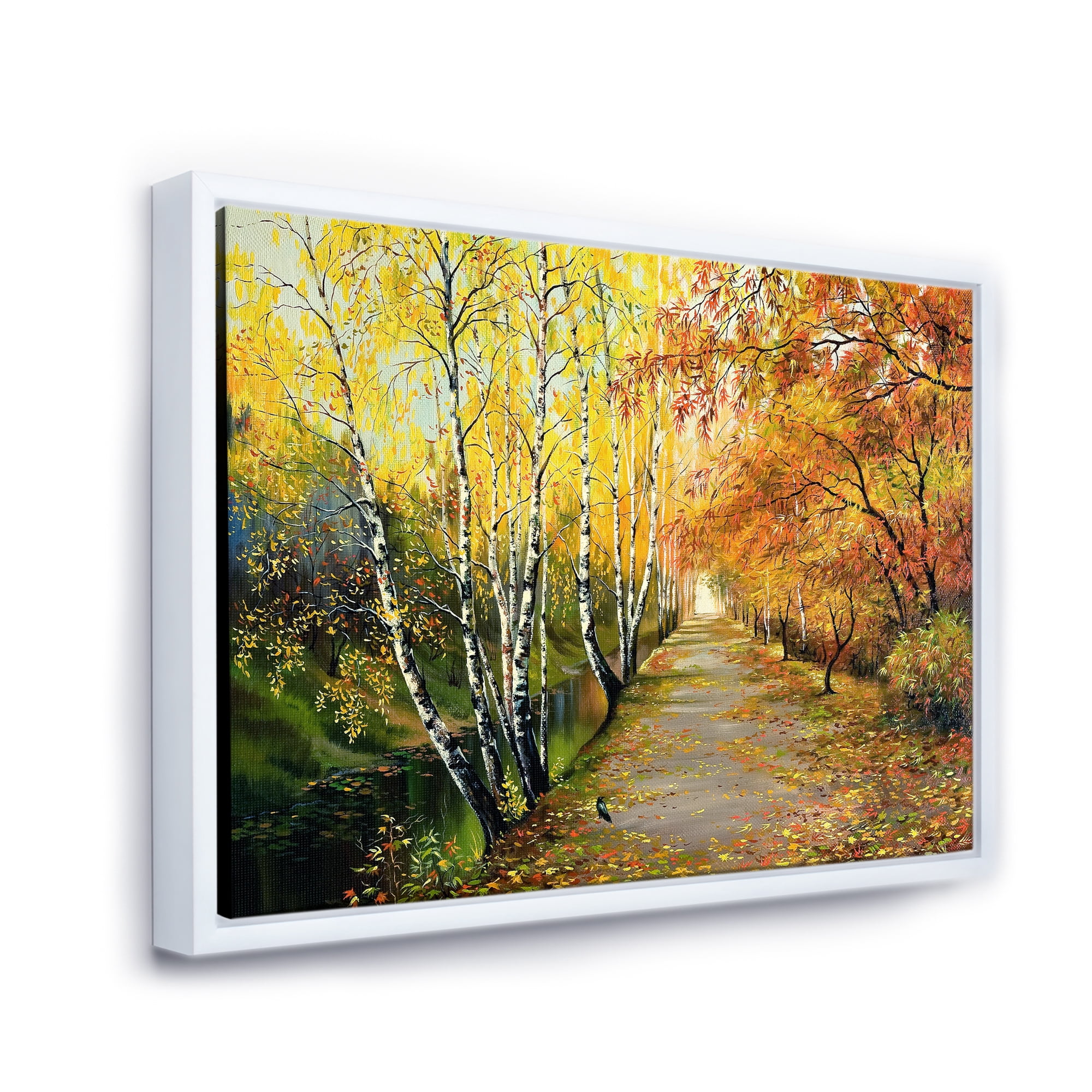 Designart 'Path Through The Autumn Woods Along River' Traditional Framed Canvas Wall Art Print