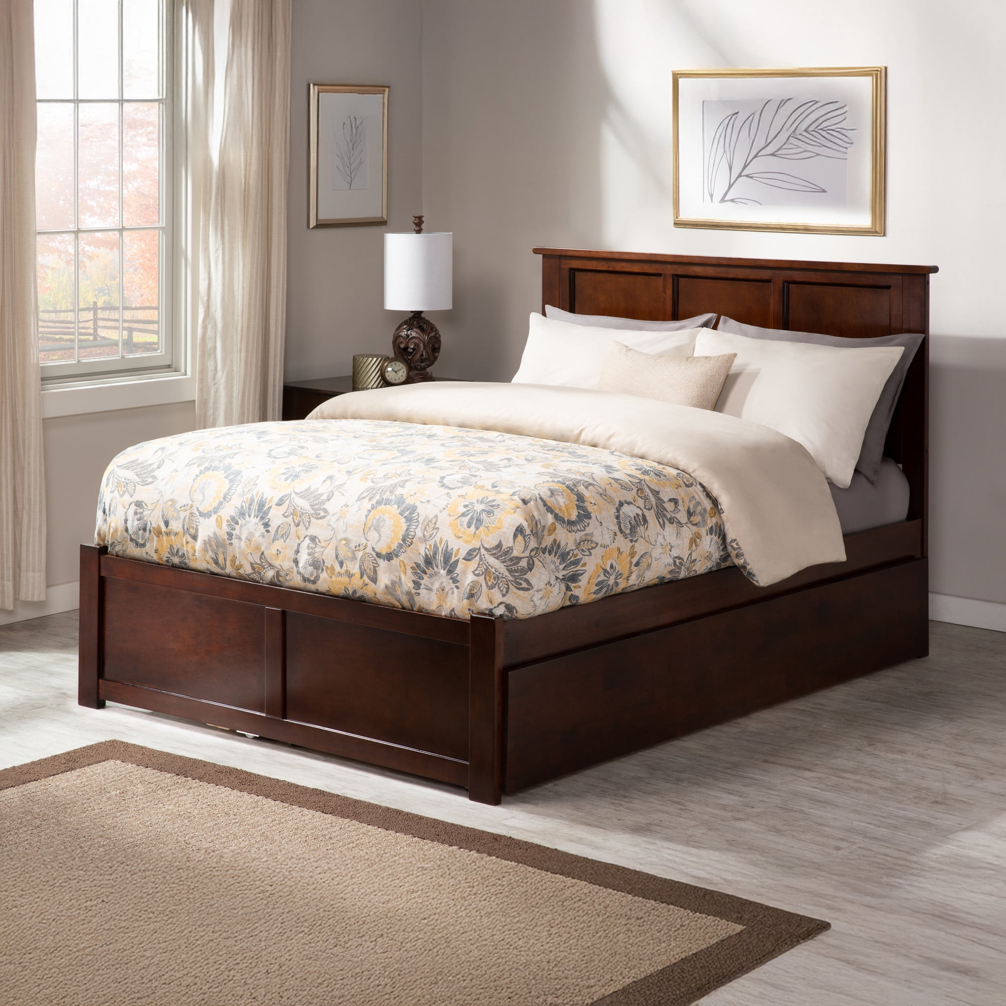 AFI Madison Full Solid Wood Platform Bed with Footboard & Full Trundle, Walnut