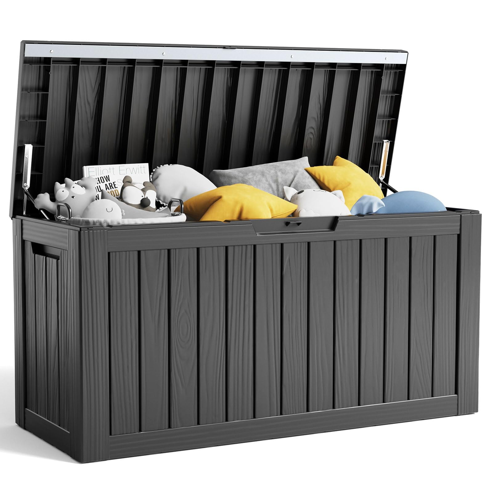 Miniyam 80 Gallon Resin Deck Box, Outdoor Storage Box, Gardening Tools, Lockable, Waterproof, Black