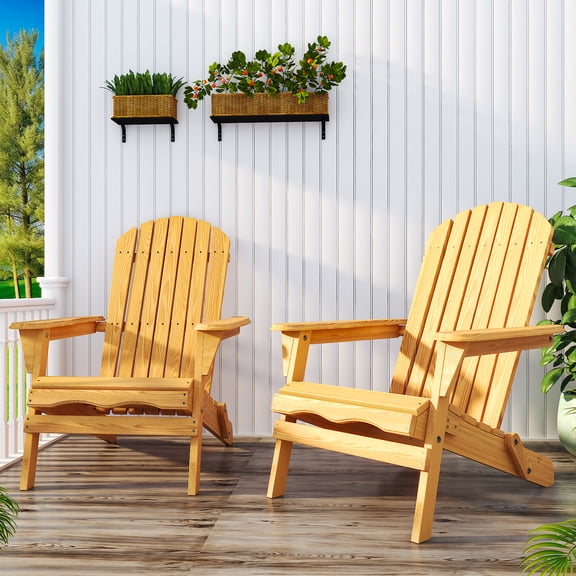 Ktaxon 2 Pieces Folding Wooden Adirondack Lounger Chair with Natural Finish, Patio Wood Chair