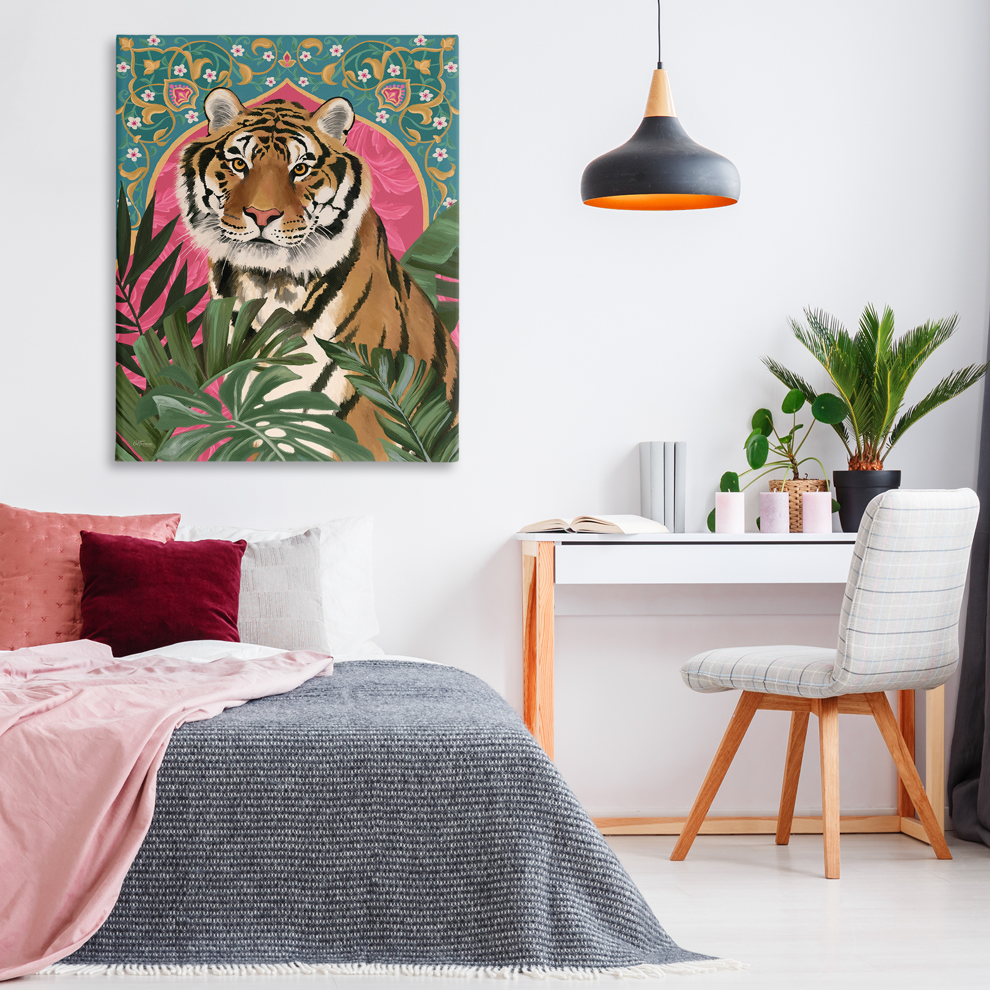 Stupell Industries Arabesque Tiger & Plants Animals Painting Wrapped Canvas Art Print Wall Art, 36 x 48