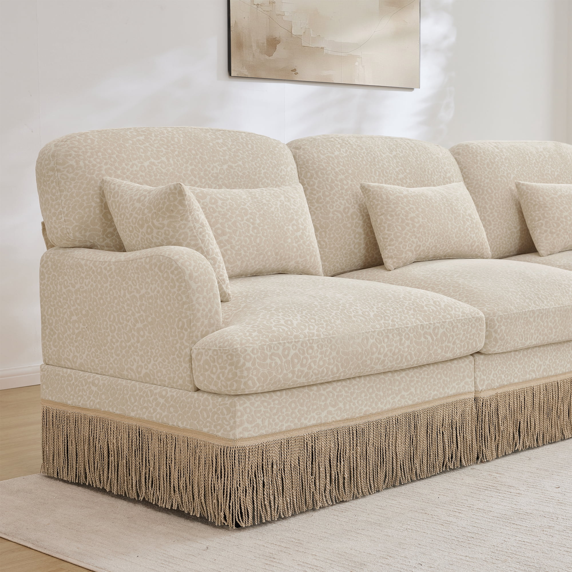 131" Chenille Leopard Tassel Deep Seat U Shape 4 Seater Modular Sofa Couch with 6 Throw Pillows and 2 Ottoman
