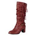 thumbnail image 7 of Slouchy Boots for Women Western Retro Drawstring Soft Leather Pointed Toe Chunky Heel Zipper Mid Calf Booties Winter Knee High Riding Boots Red Size 8, 7 of 7