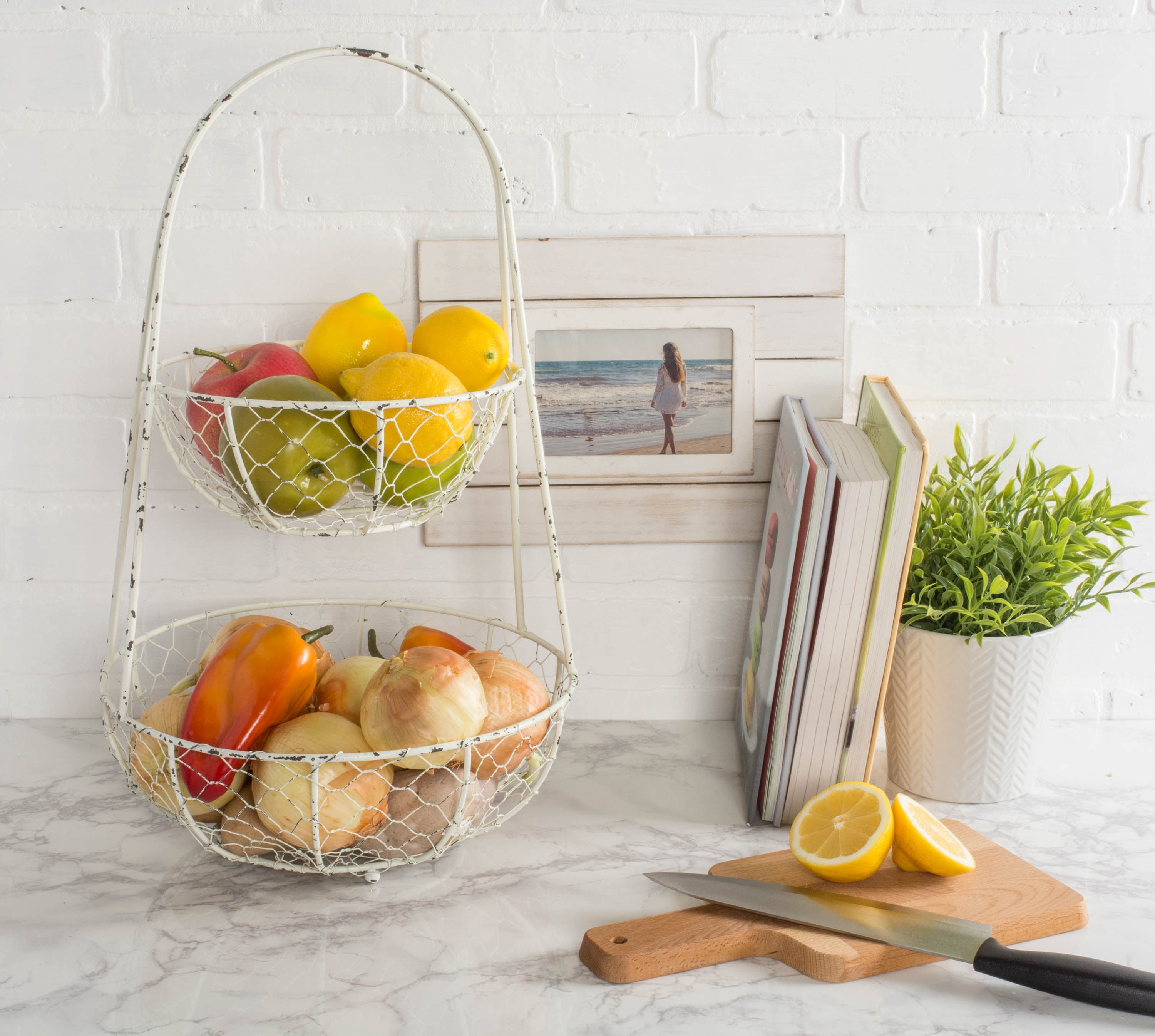 DII Metal Kitchen Storage Collection Farmhouse Stand 2-Tier Fruit Basket, Antique White