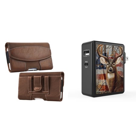 Holster and Wall Charger Bundle for Samsung Galaxy S22 Ultra: Nylon PU Leather Hybrid Belt Pouch Case (Brown) and 45W Dual USB Port PD Type-C and USB-A Power Adapter (American Deer Camo)