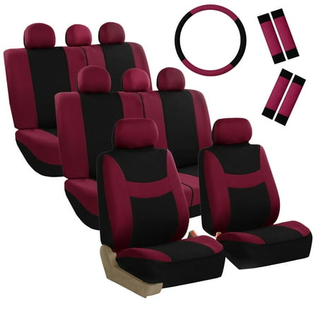 Burgundy 3 Seat - FH Group Light & Breezy Seat Covers for Auto, 3 Row 8 Seaters Full Set with Steering/Belt Pad Cover, Burgundy and Black