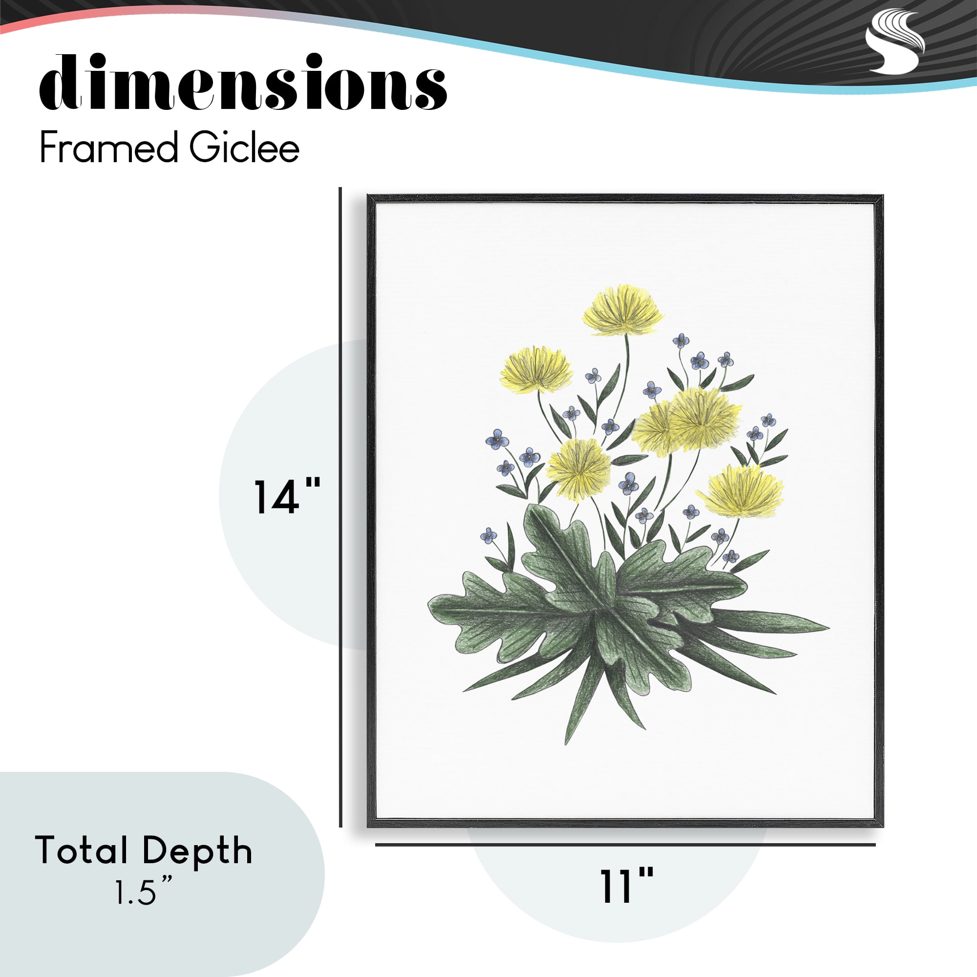 Dandelion Flower Illustration Black Framed Giclee Art, design by Cecilia Battaini