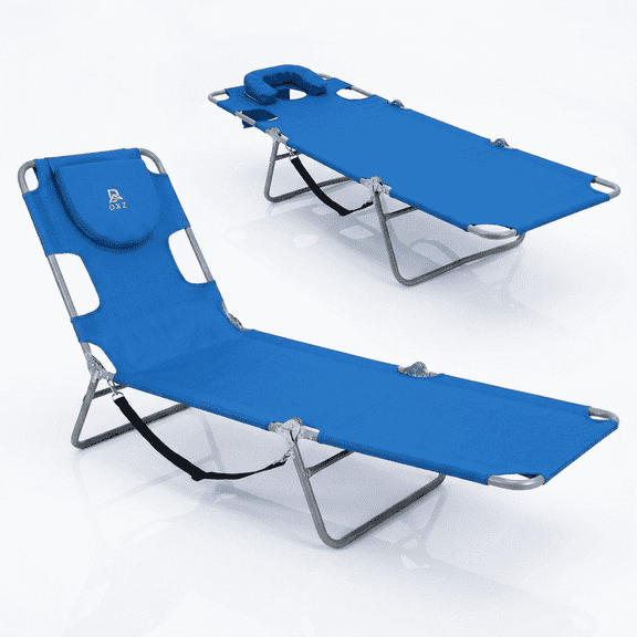 DXZ Portable Folding Beach Lounge Chair, Adjustable Reclining Chaise with Removable Headrest, Face Down & Lying Positions, Outdoor Lounger for Beach, Pool, Patio and Camping