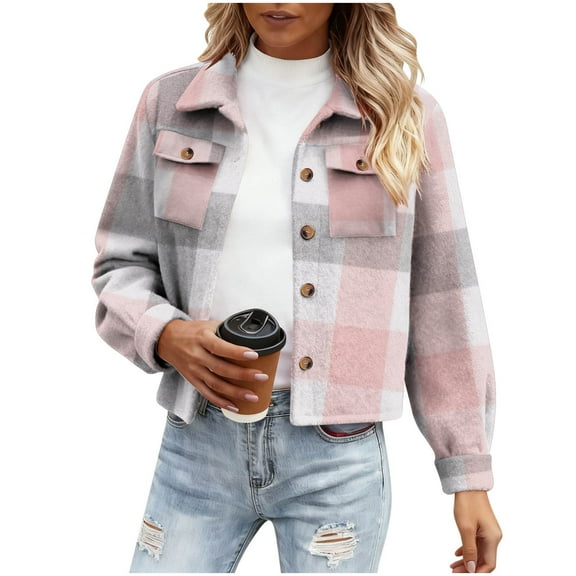 Stamzod Women's Fashion Plaid Bomber Jacket Women Turndown Long Sleeve Fall Coats with Pocket Casual Cropped Jackets for Women Trendy Pink M