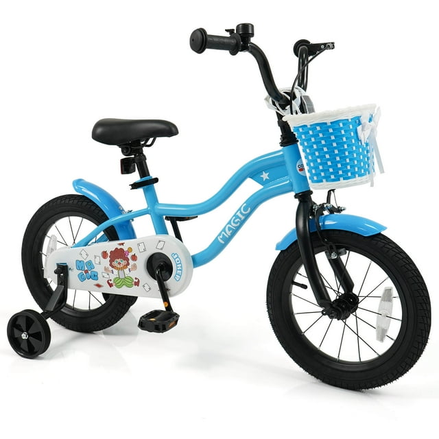 Costway Vélo pour Enfants 14 Pouces avec Roues Stabilisatrices, Panier, Freins à Main et à Rétropédalage, Selle Ajustable Bleu Marine