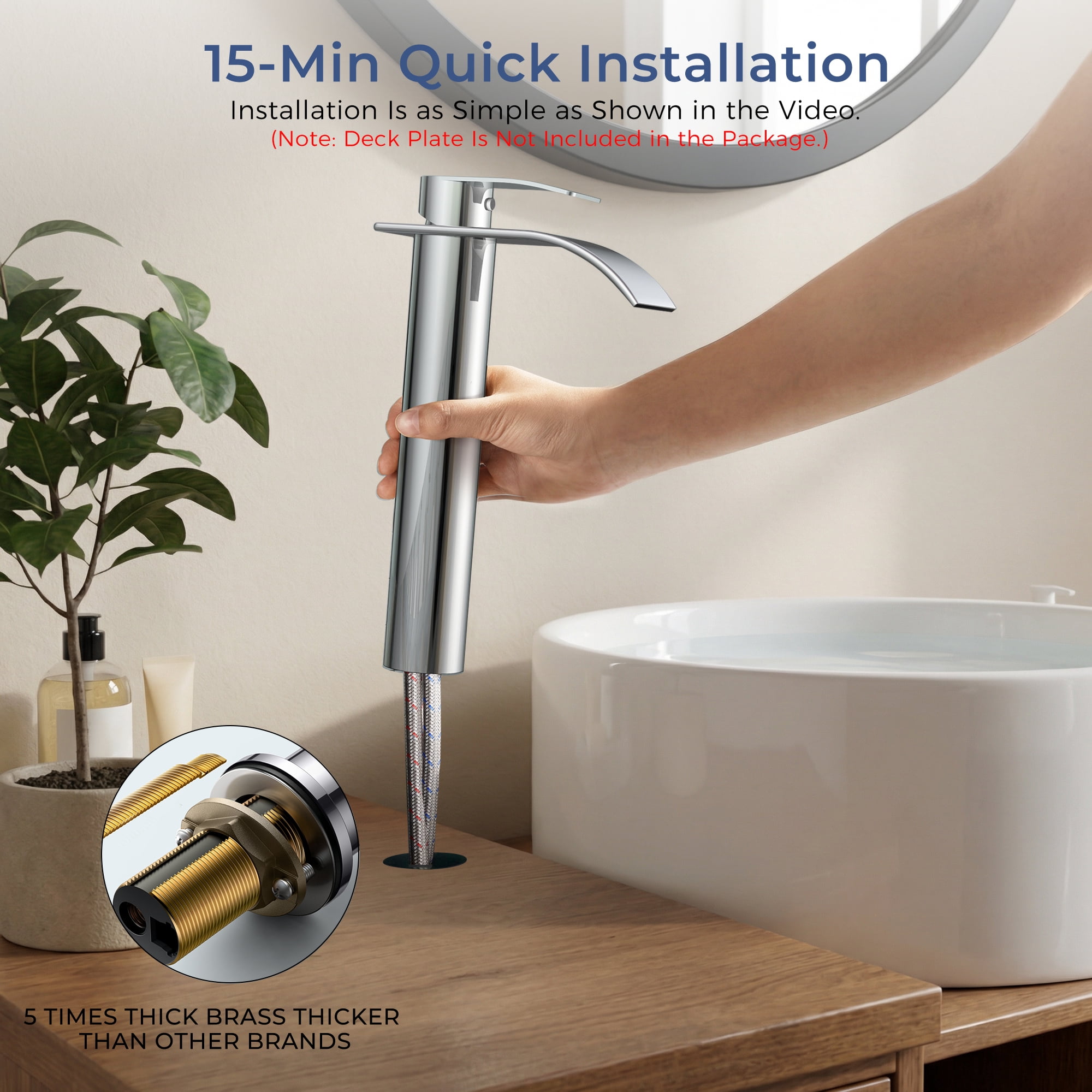 TVOFEK Tall Waterfall Bathroom Vessel Sink Faucet Single Handle, One Hole Chrome Bathroom Faucet with Metal Pop up Drain and cUPC Hoses, 11 inch Faucet for Basin Bath