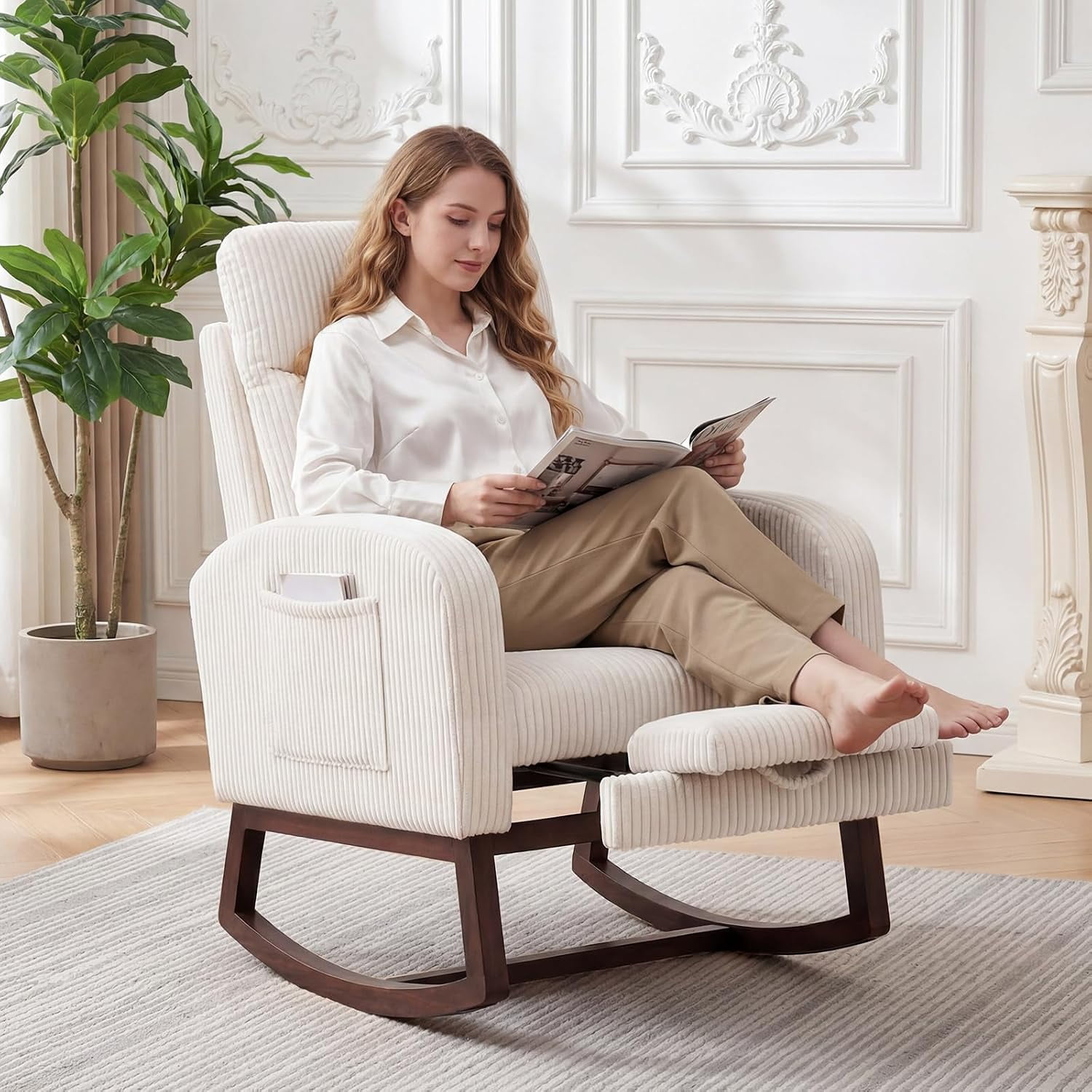 Ataucjin High Back Nursery Rocking Chair with Footrest & Side Pocket, Upholstered Recliner Glider for Baby Room, Bedroom or Living Room, Solid Wood Base for Moms and Nursing