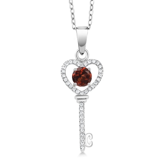 Gem Stone King 925 Sterling Silver Red Garnet Key Pendant Necklace For Women (1.04 Ct Round with 18 inch Silver Chain)