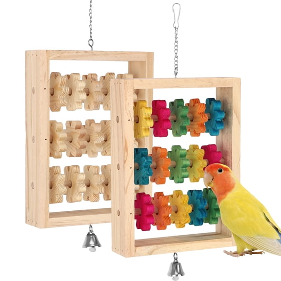 2 PCS Wooden Bird Toys, Colorful Hanging Parrot Chew Puzzle with Rotating Blocks and Bell, Natural Wood Enrichment Training Toy for Budgie Conure Lovebird Cockatoo African Grey Macaw
