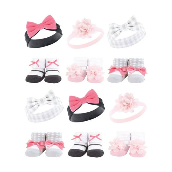 Hudson Baby Infant Girl 12Pc Headband and Socks Giftset, Pink Charcoal, One Size