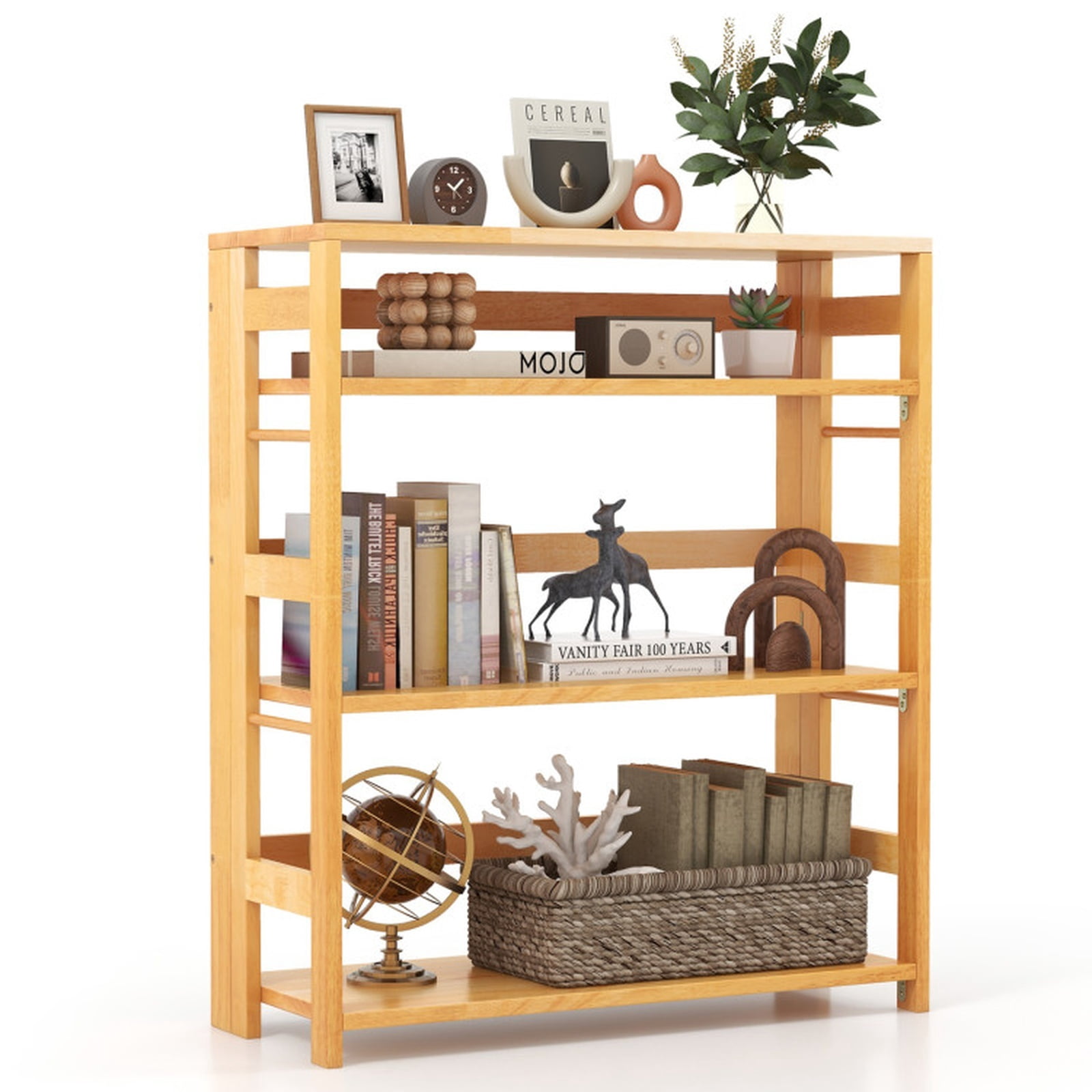 Furnibear 4-Tier Bookshelf Rubber Wood Bookcase with Side Fences for Living Room-29.5 inches for Living Room Home Office Bedroom Display, Natural