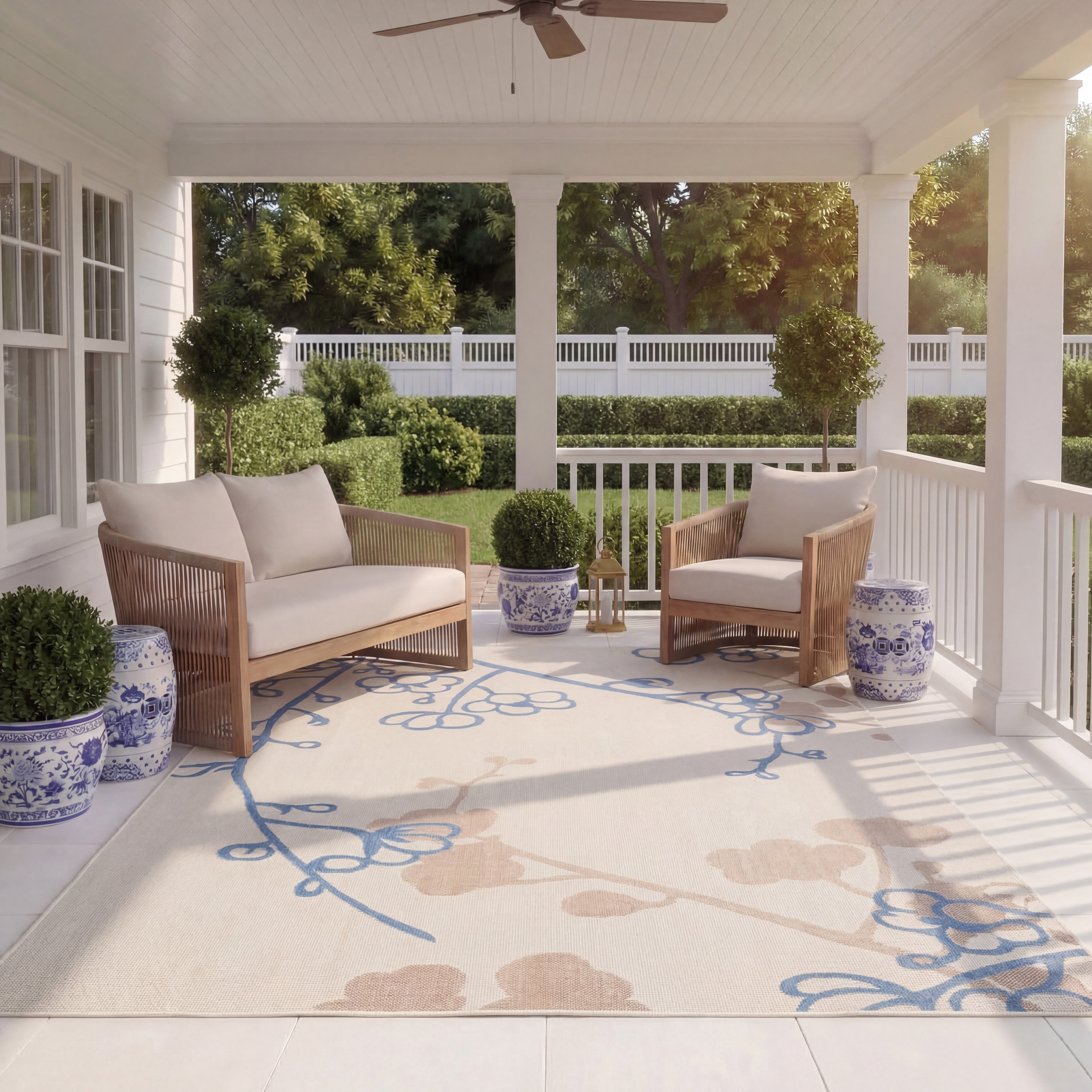 SAFAVIEH Courtyard Christian Floral Indoor/Outdoor Area Rug, 6'7" x 9'6", Natural Brown/Blue