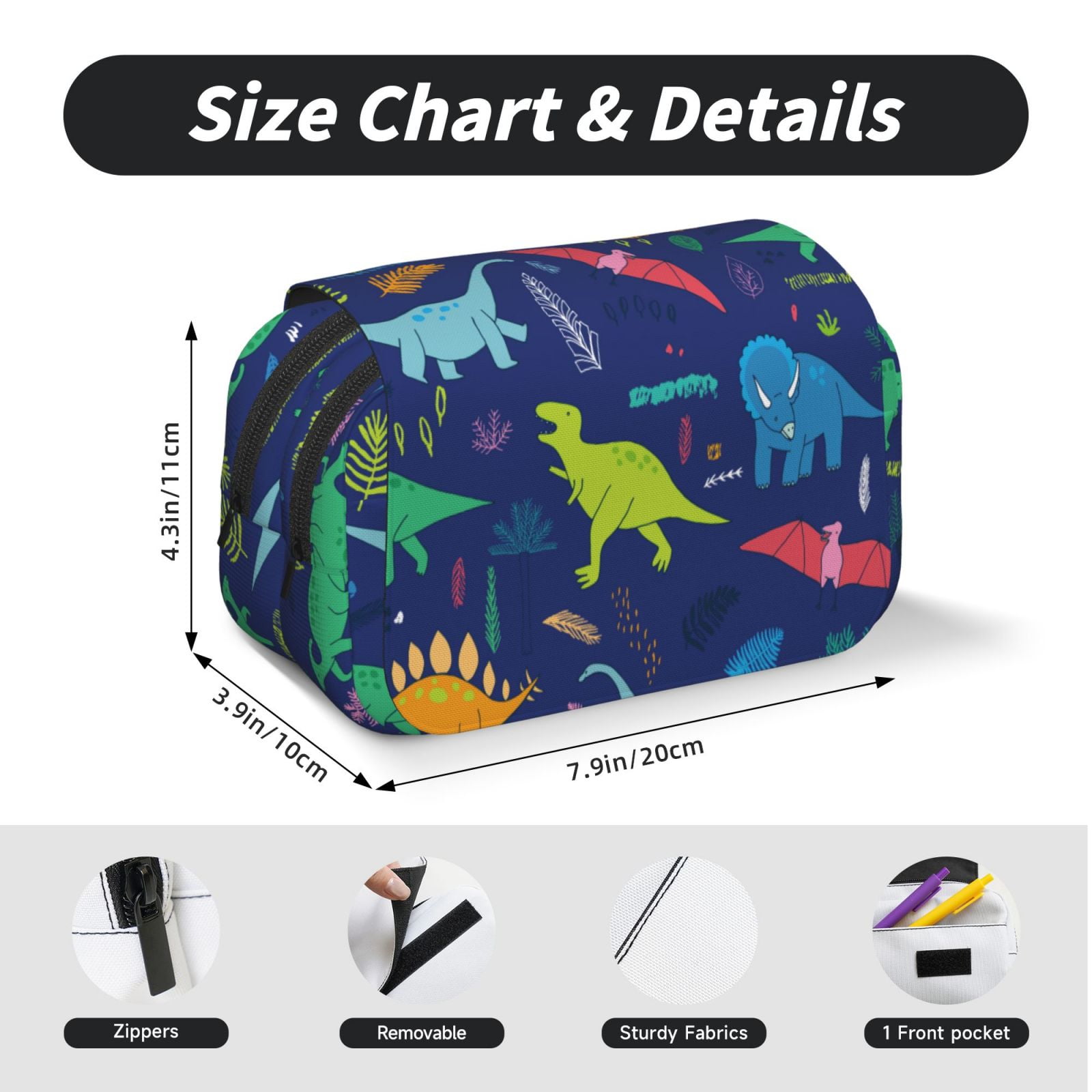 Rateoe Dinosaurs Pattern Double Clamshell Pen Case, Storage Organizer with Two Zipper Compartments– Holds Up to 50 Pencils & Pens