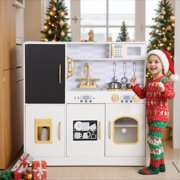 COCLUB Play Kitchen, Wooden Kids Kitchen Playset with Chalkboard, Ice Maker, Play Phone, Cookware Accessories, Microwave Toy Kitchen Gift for Boys Girls Age 3-8 White