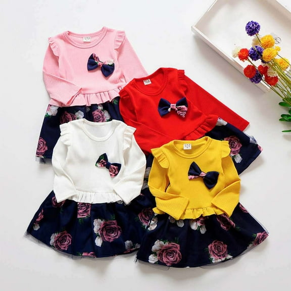 Jinhomg Patchwork Dresses for Toddler Girl Fall Comfy Long Sleeve Floral Print Midi Dress Baby Kid Cute Bow Tie Dresses Red 12M